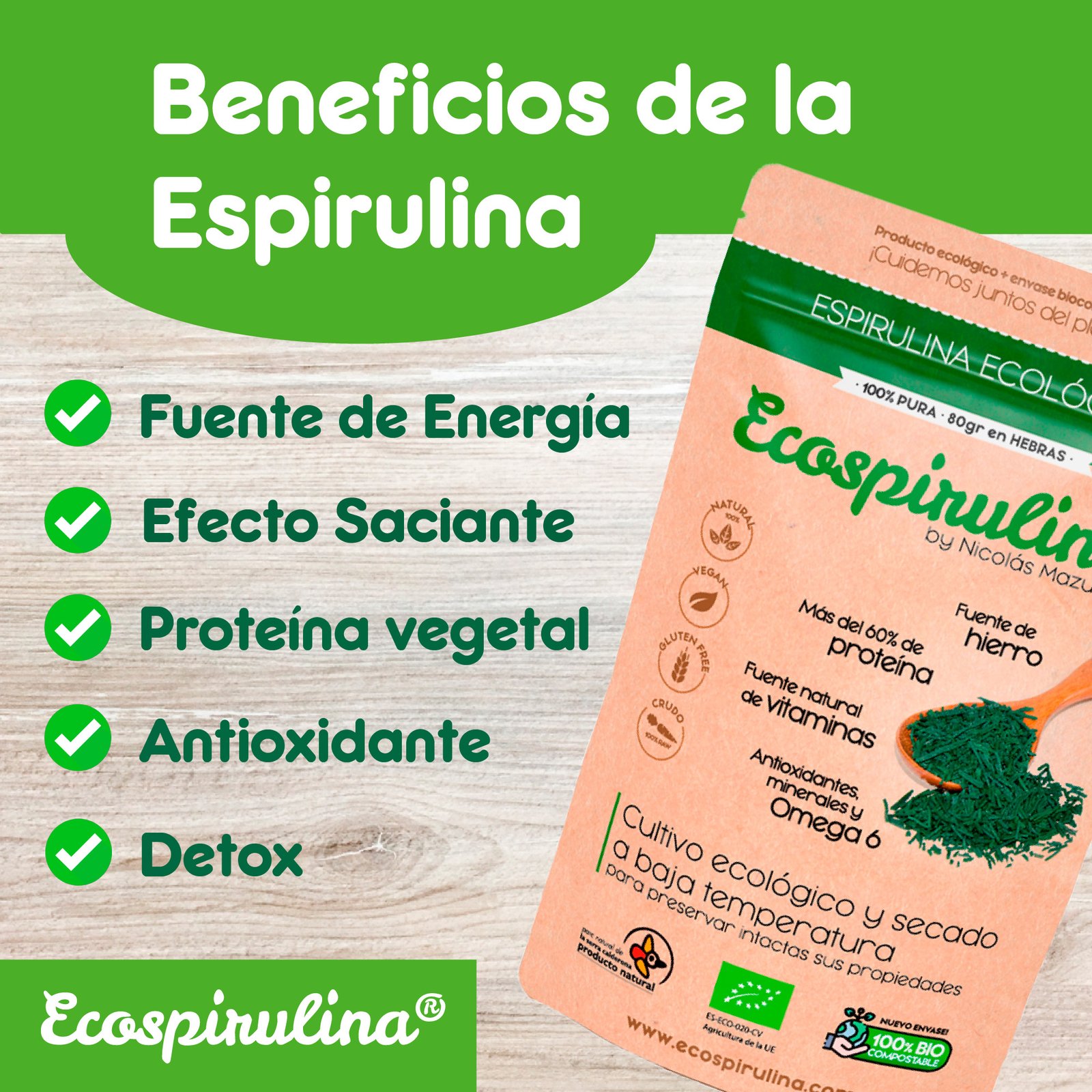 Espirulina ECO 100% pura en fideos producida en España - Imagen 3