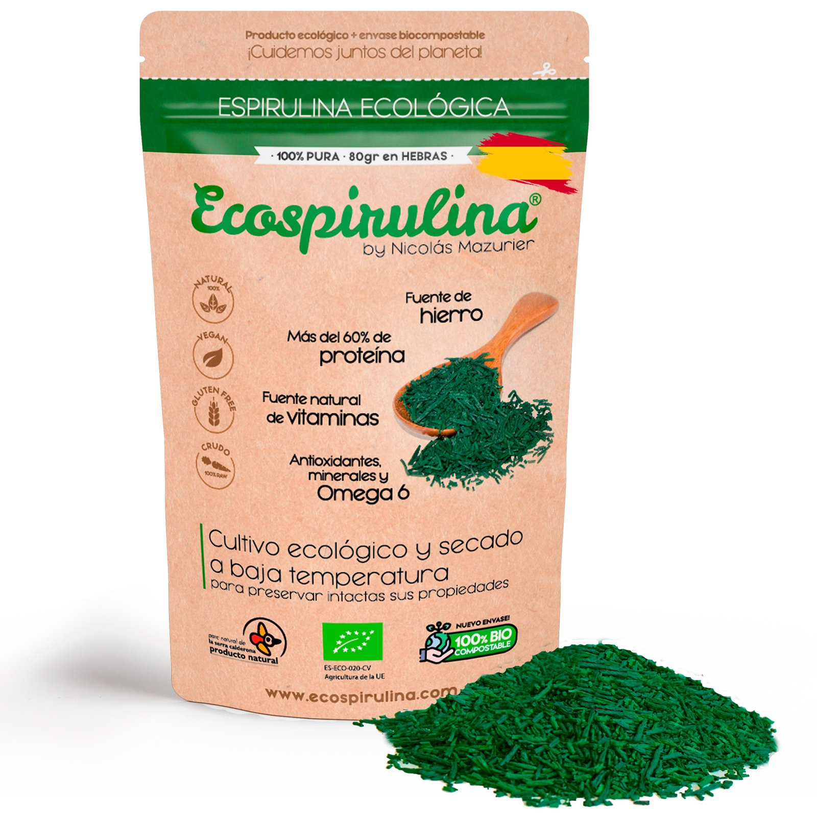 Espirulina ECO 100% pura en fideos producida en España