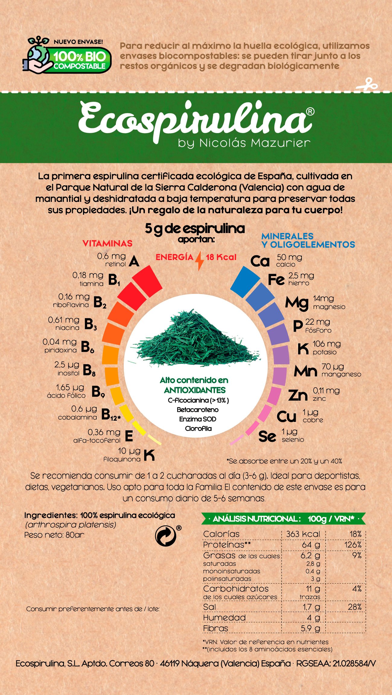 Espirulina ECO 100% pura en fideos producida en España - Imagen 2